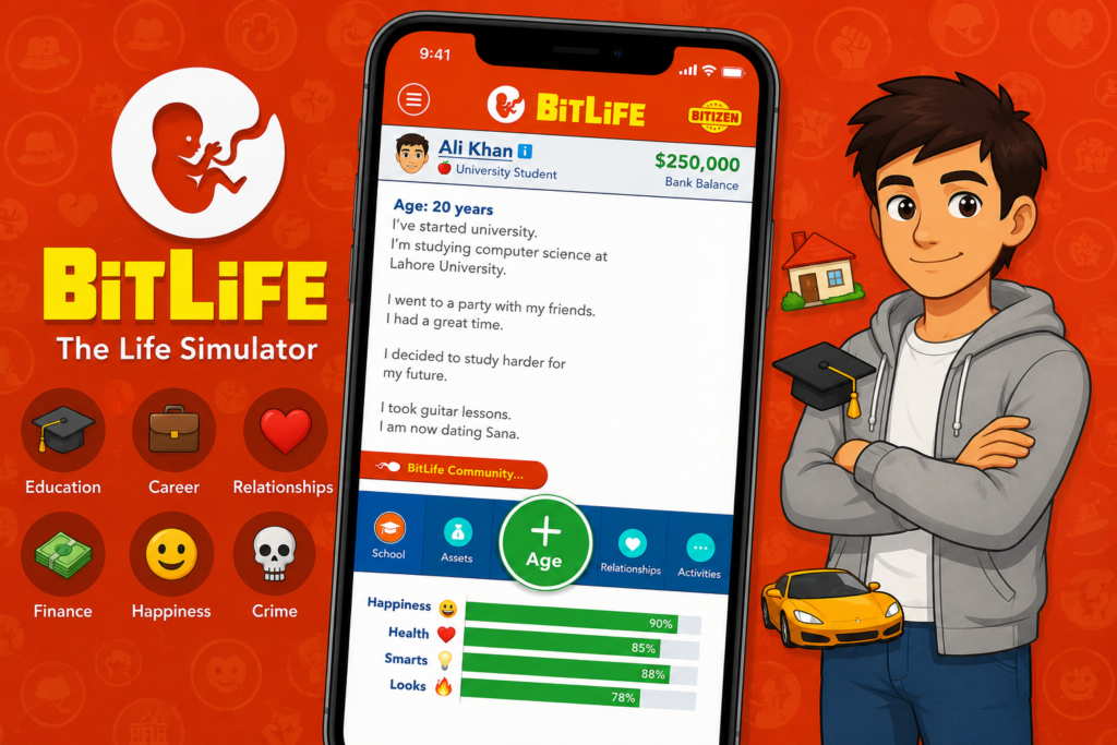 BitLife iOS gameplay on iPhone with life simulation features