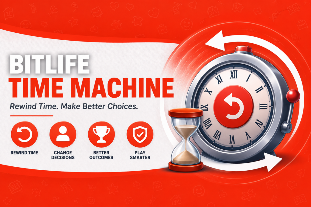 BitLife Time Machine guide showing a clock, rewind symbol, and time travel concept for changing life decisions