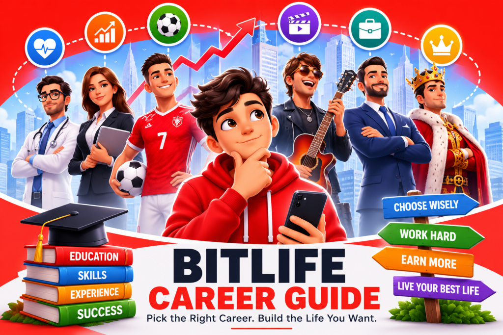 Illustration of different BitLife career paths, including doctor, lawyer, pilot, astronaut, and business careers with career progression icons.