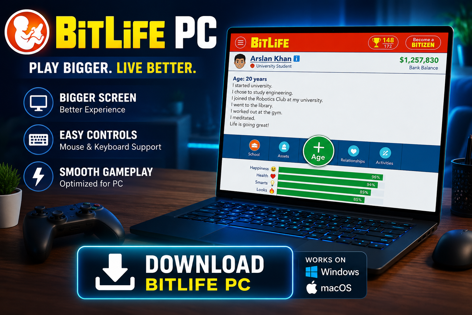 Bitlife PC gameplay displayed on a desktop computer for download