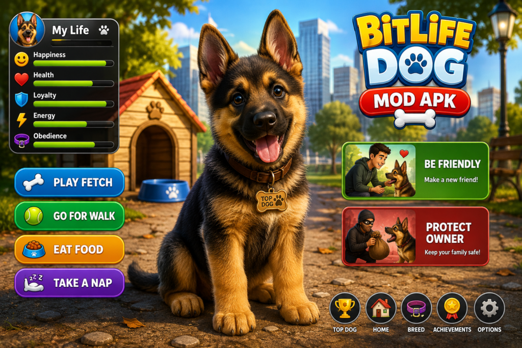 BitLife Dog Mod APK gameplay showing pet features and unlocked content