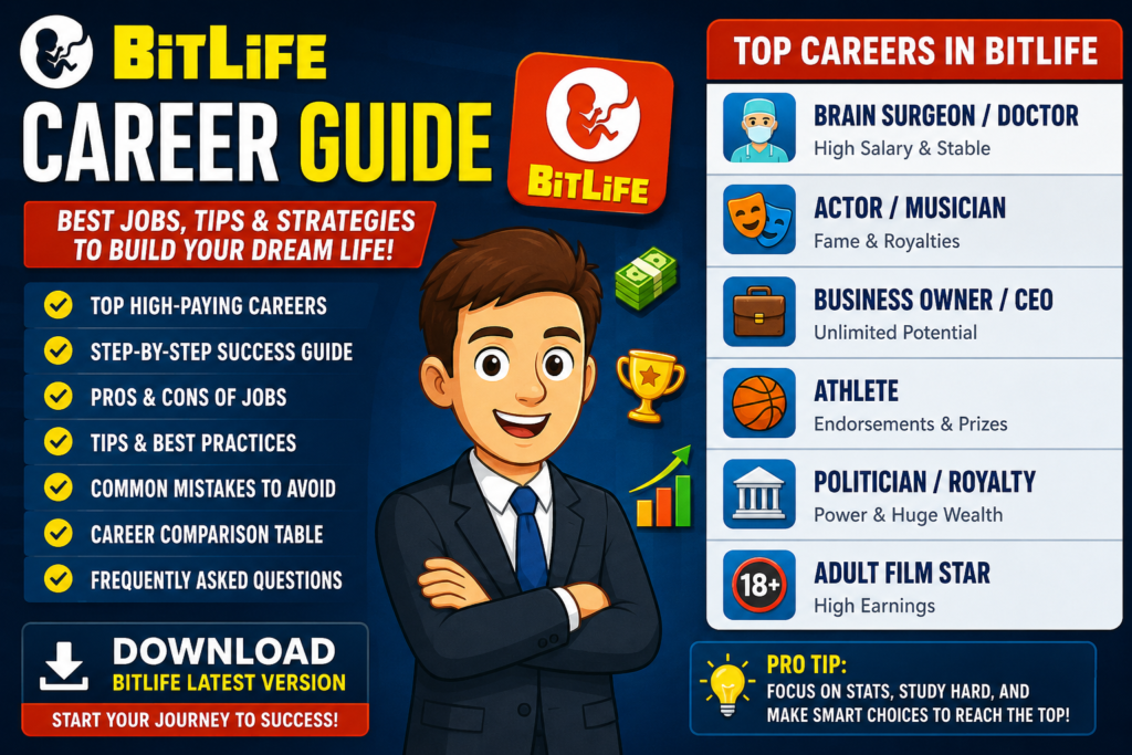 BitLife Career Guide showing the best high-paying careers, job paths, and success tips in BitLife