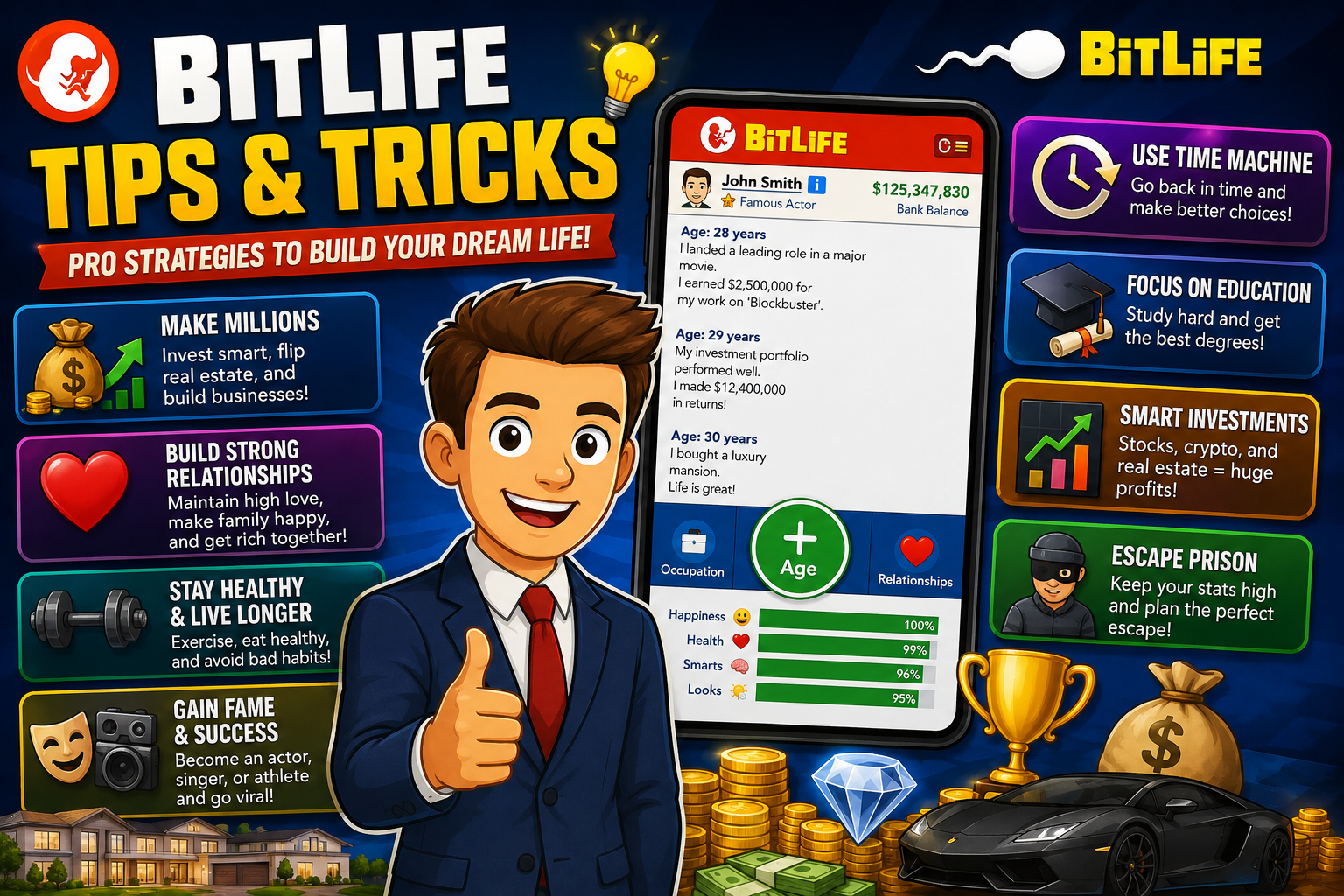 BitLife Tips and Tricks guide showing the best strategies to make money, gain fame, and live longer in BitLife