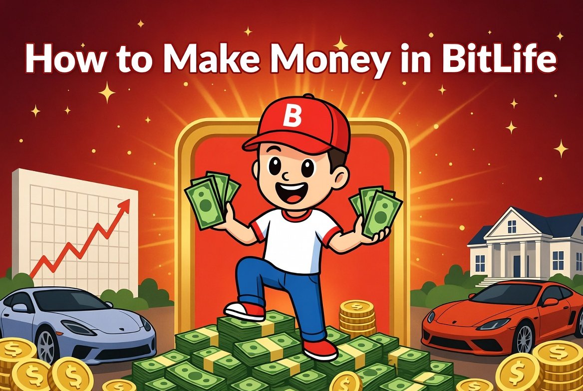 How to Make Money in BitLife - Rich character with cash, stocks, and luxury items