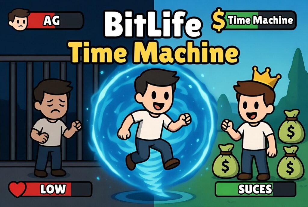 BitLife Time Machine feature illustration showing time travel from bad life to rich successful life

