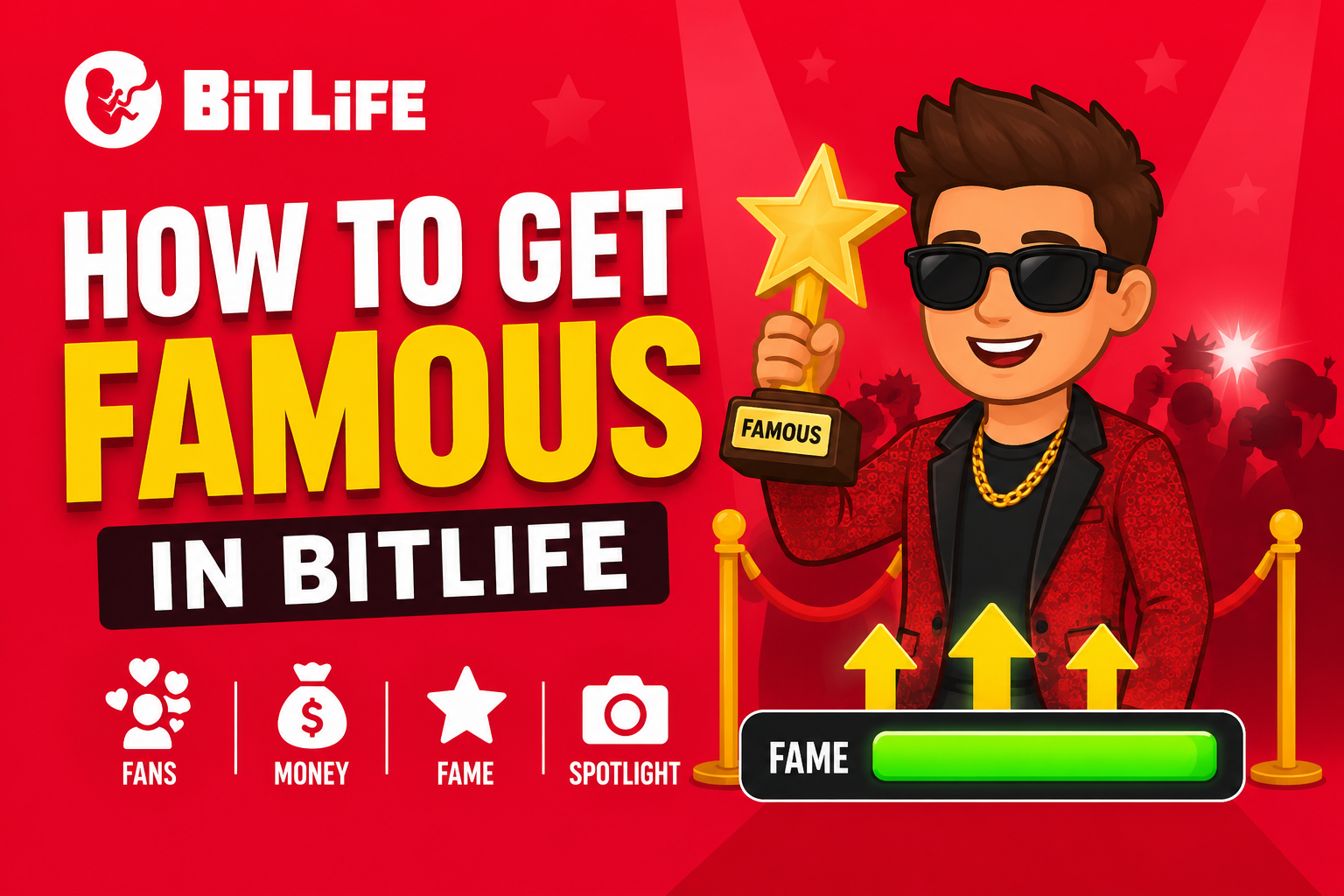 How to Get Famous in BitLife guide featuring a famous character and fame bar.