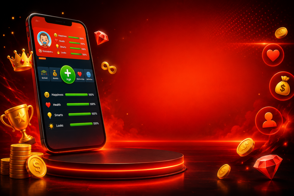 Download BitLife BR Mod APK 2026 with Unlimited Money and God Mode BitLife BR Mod APK download banner showing unlimited money, God Mode, Bitizenship and premium life simulation features in 2026