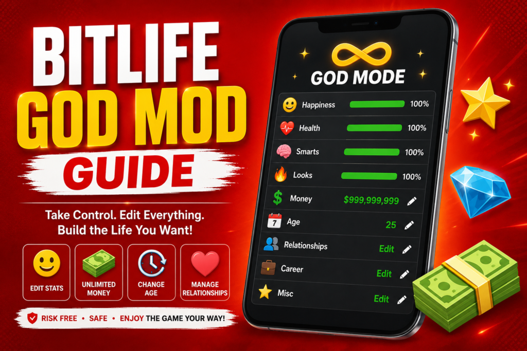 BitLife God Mod Guide illustration showing editable character stats, money, health, happiness, age, and relationships on a smartphone with a red background.