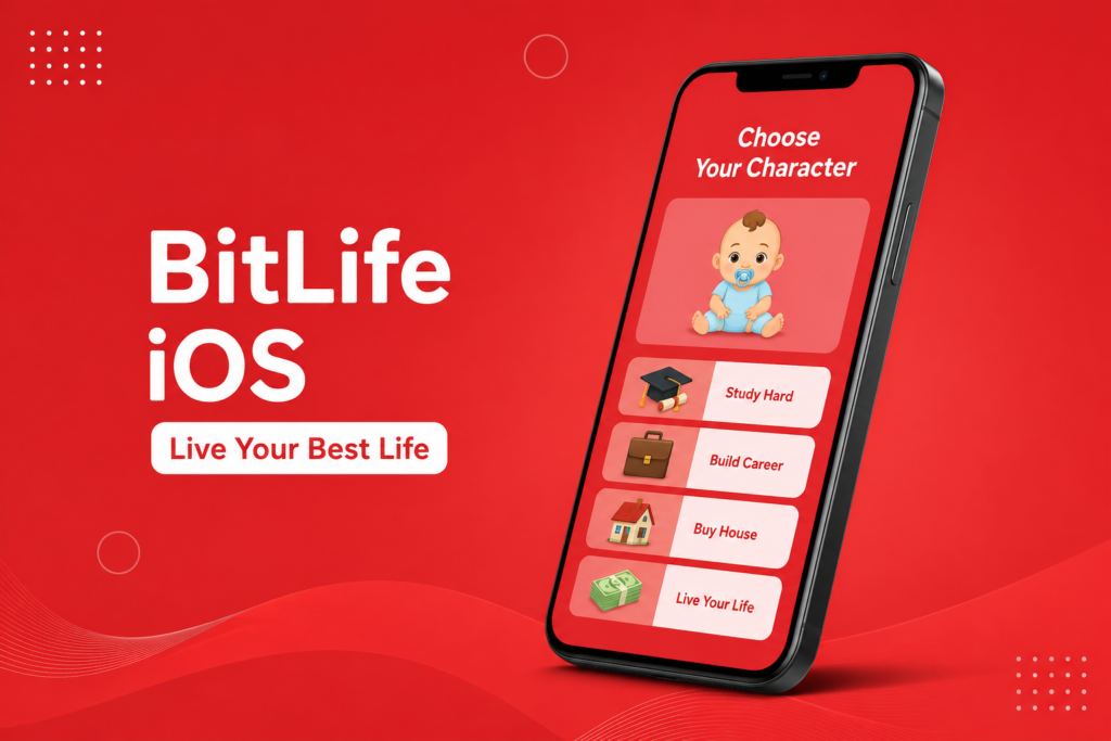 BitLife iOS game illustration on iPhone with red background and life simulation concept