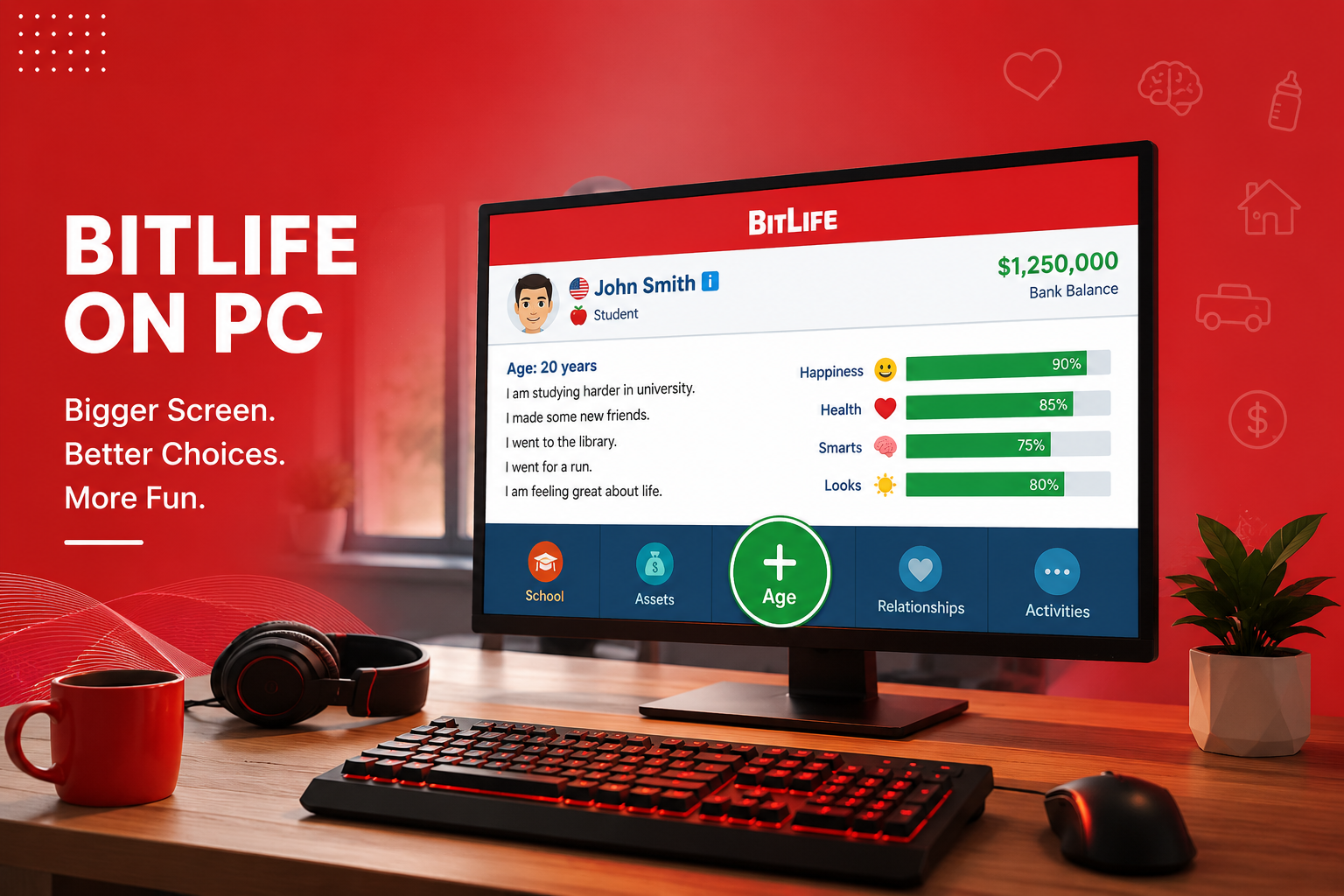 BitLife PC setup guide showing a desktop computer with a life simulation game interface on a large screen